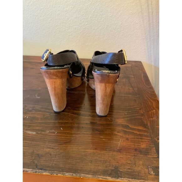 TORY BURCH Jodie Brown Leather Wooden Heels 7.5M - Picture 8 of 13